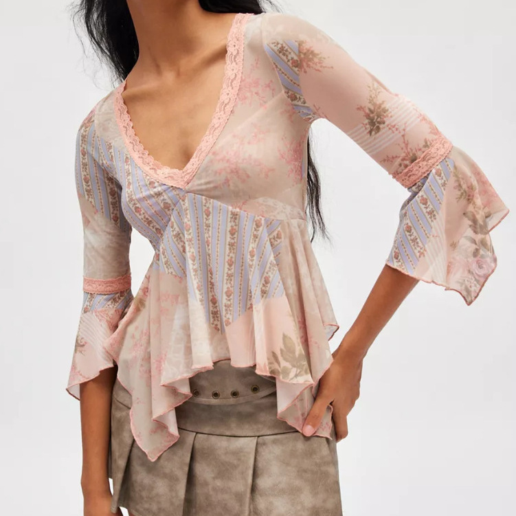 Women's V-Neck Floral Print Top Soft Korean Style Midi Blouse