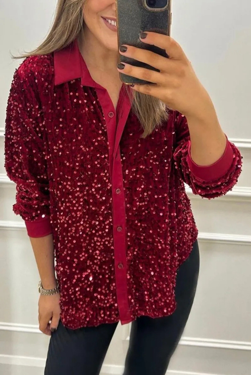 Women's Sequin Button-Down Collared Long-Sleeve Shirt