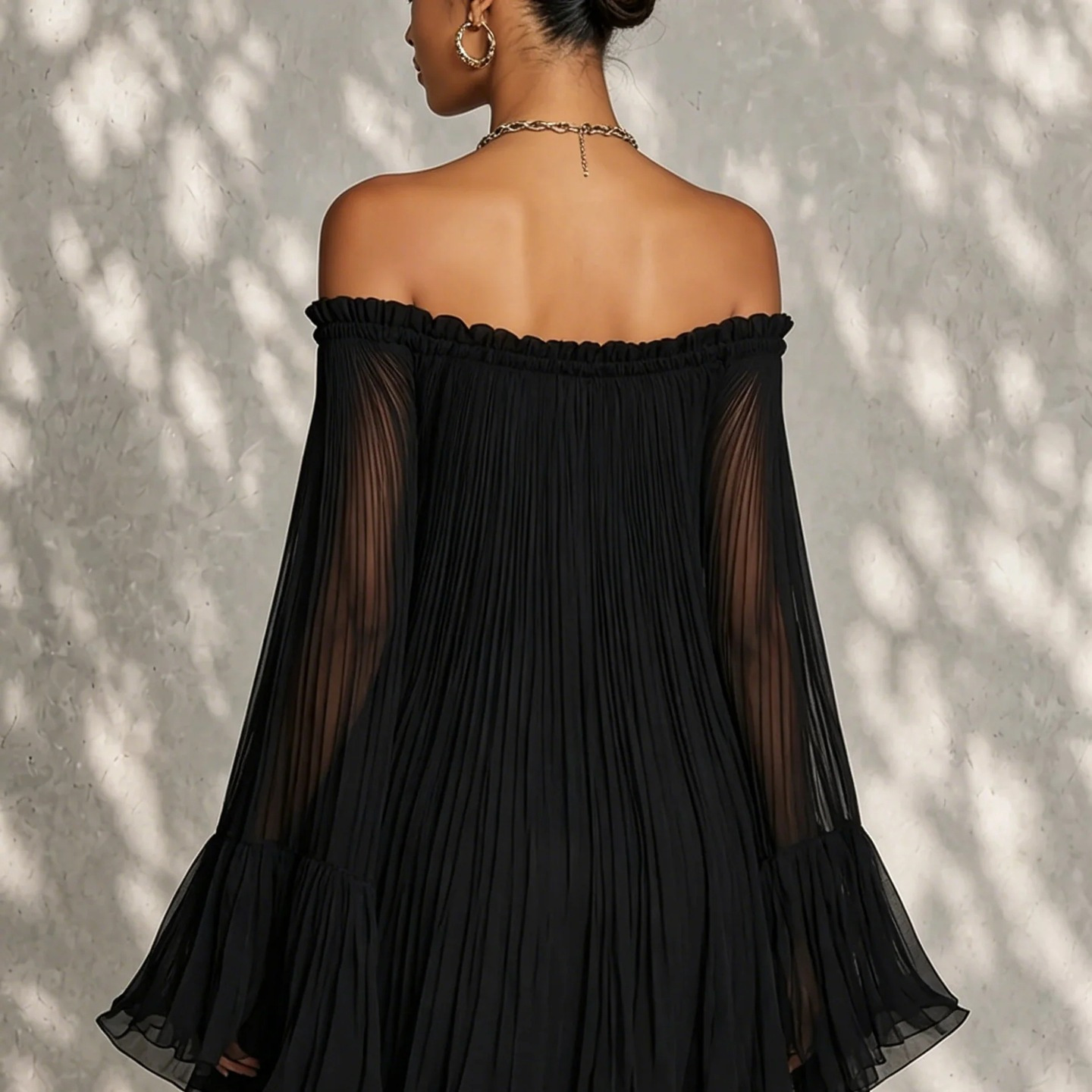 Black Off-Shoulder Pleated Chiffon Mini Dress with Sheer Ruffle Sleeves