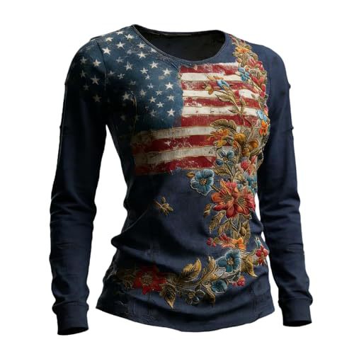 Women's American Flag Striped Rose Print Long Sleeve Top