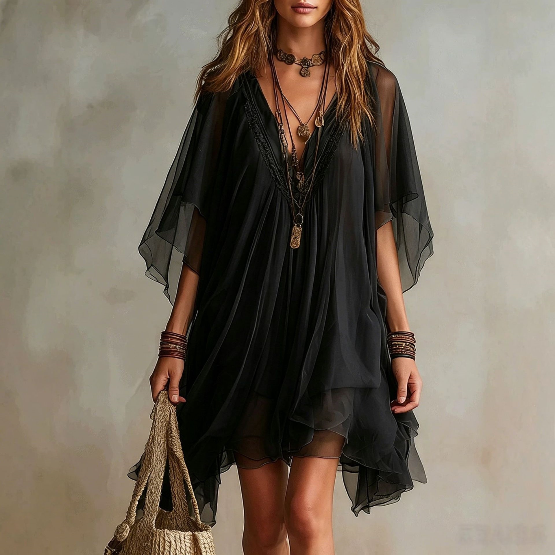 Women's V-Neck Chiffon Two-Piece Dress Set with Loose Beach Cover-Up