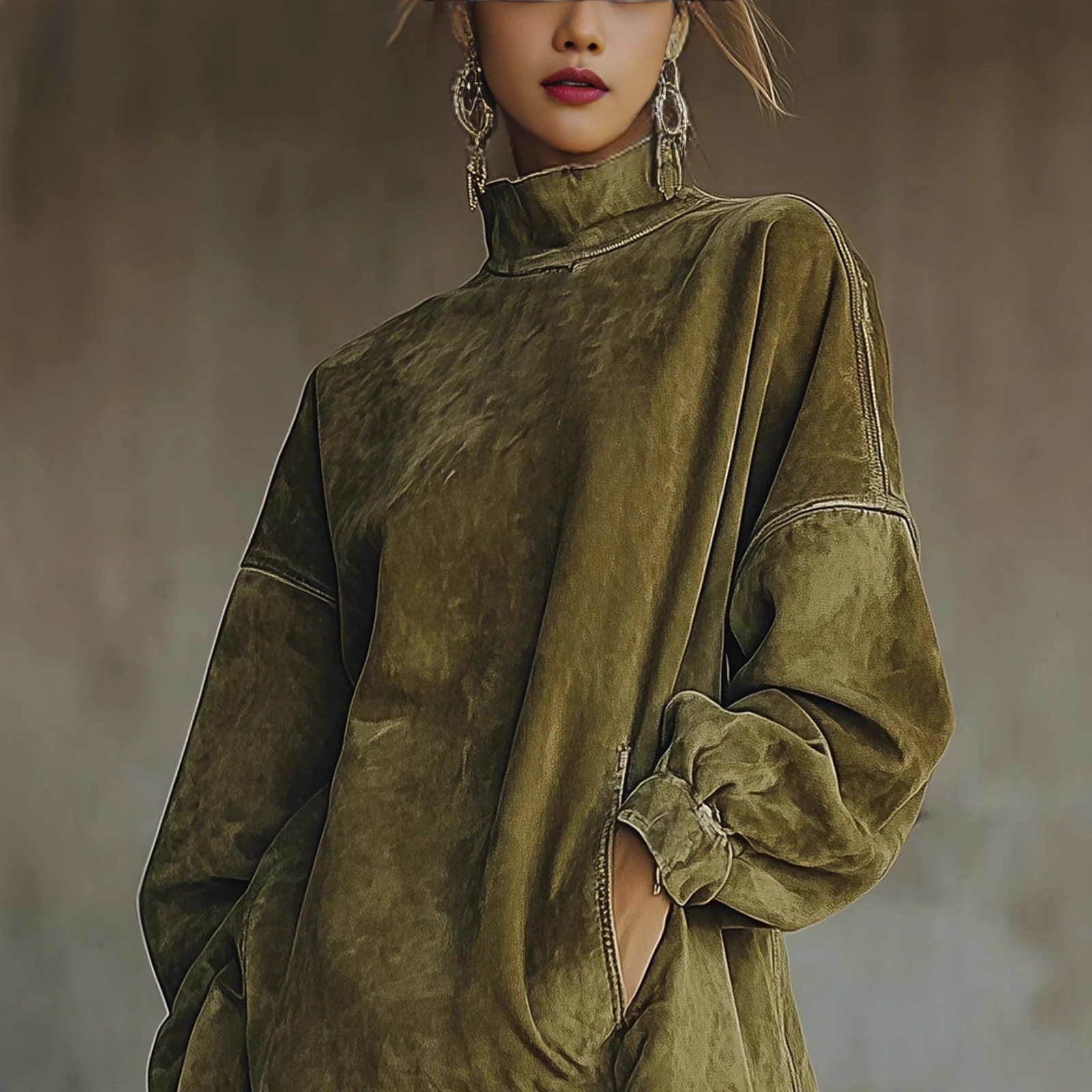 Long-Sleeve Faux Suede Fringe Distressed Sweatshirt Dress