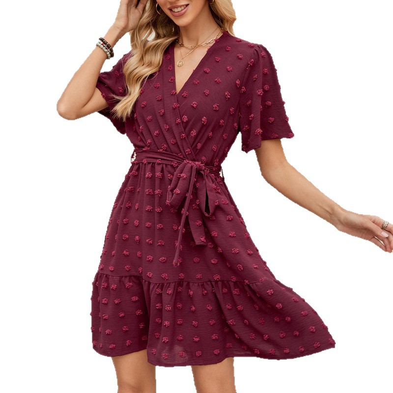 Pom-Pom Lotus Sleeve V-Neck Tie-Waist Dress