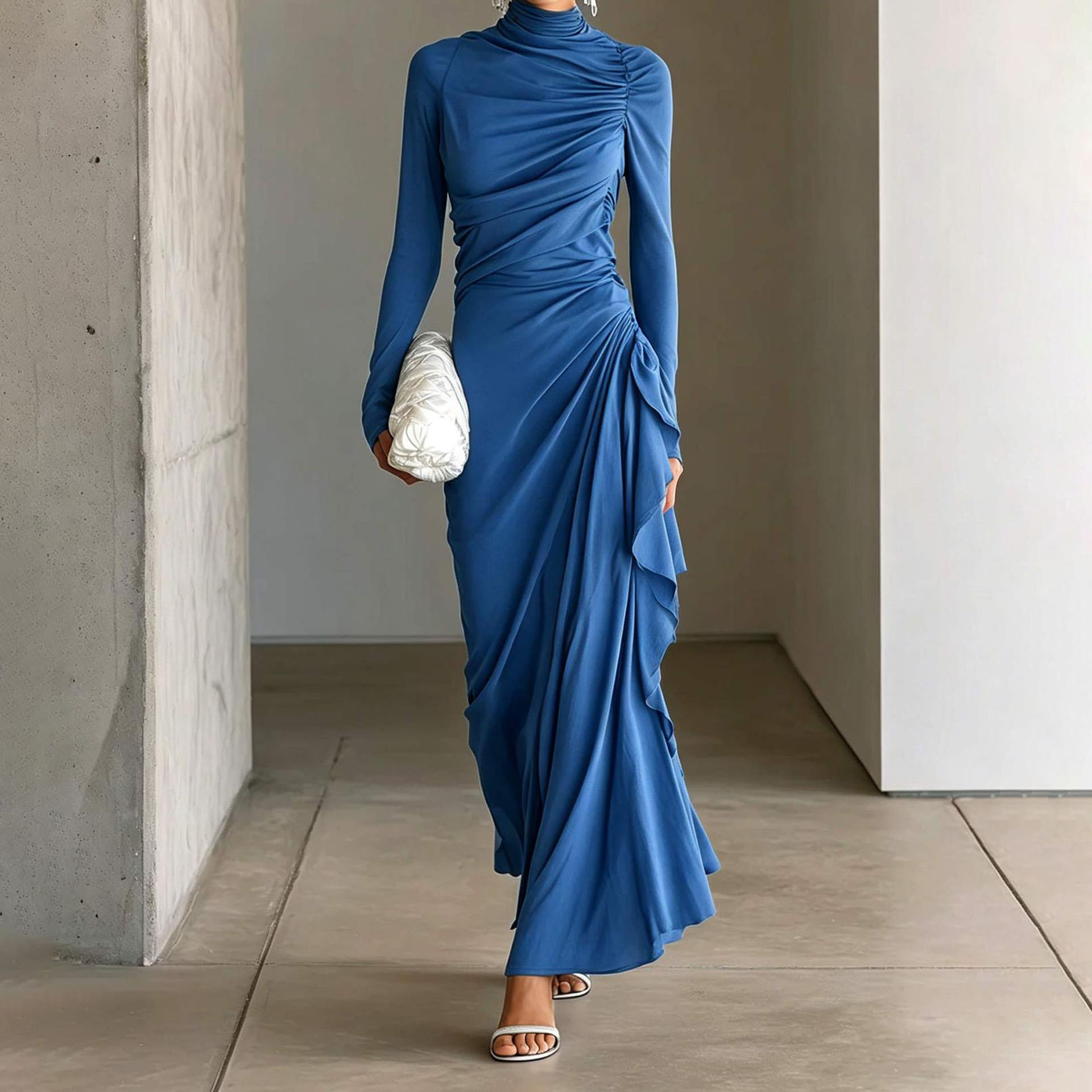 High-Neck Ruched Bodycon Long-Sleeve Dress