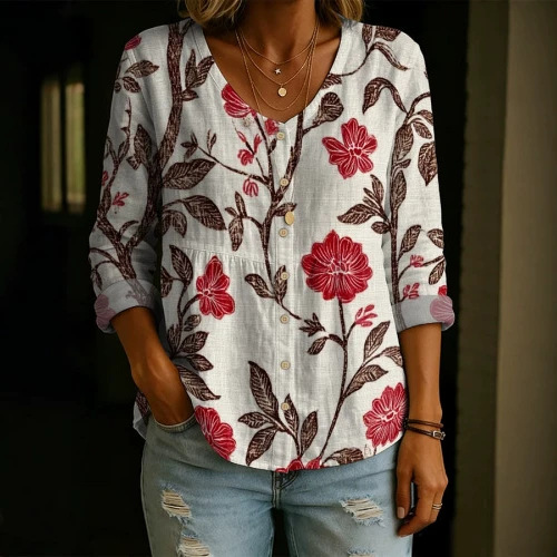 Women's V-Neck Printed Long Shirt Loose Relaxed Fit
