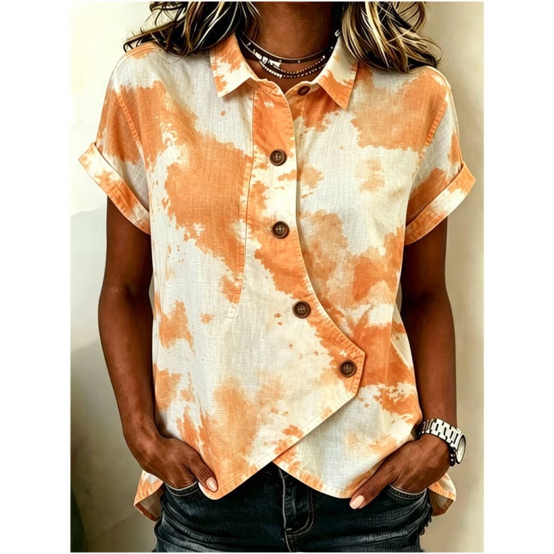 Women's Floral Striped Print Short Sleeve Asymmetric Blouse