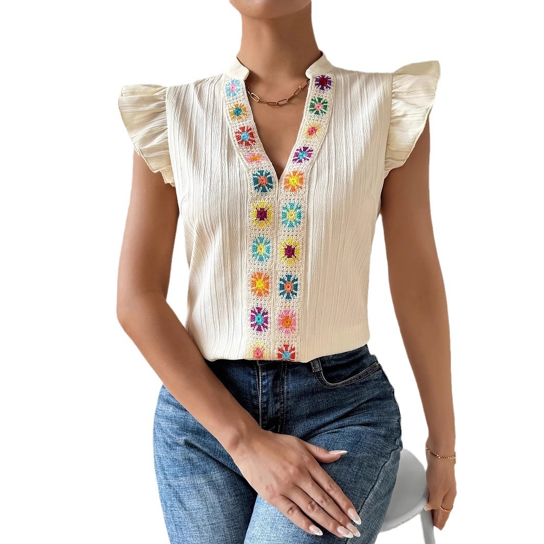 Ruffled Floral Hand-Crochet Patchwork V-Neck Cap-Sleeve Blouse