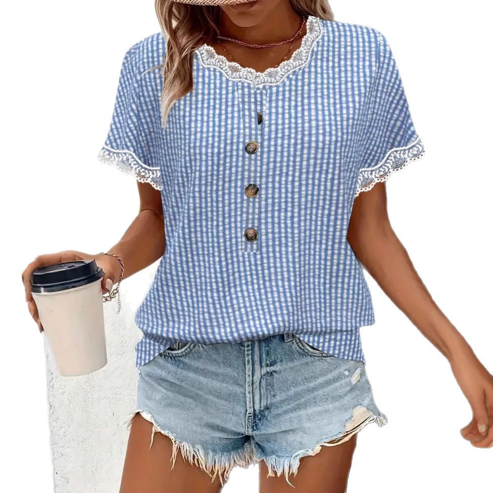 Women's Striped Lace-Trim Round Neck Blouse
