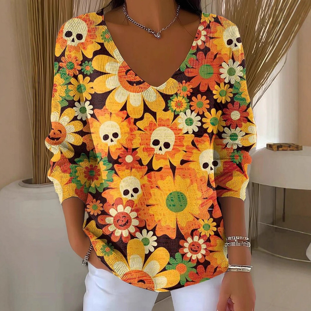 Skull & Flower Print V-Neck Long-Sleeve Women's T-Shirt