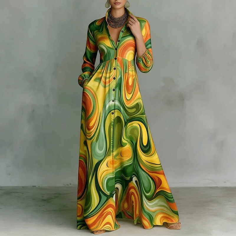 French Style Printed Long Dress with Collar, Loose Casual Vacation Dress