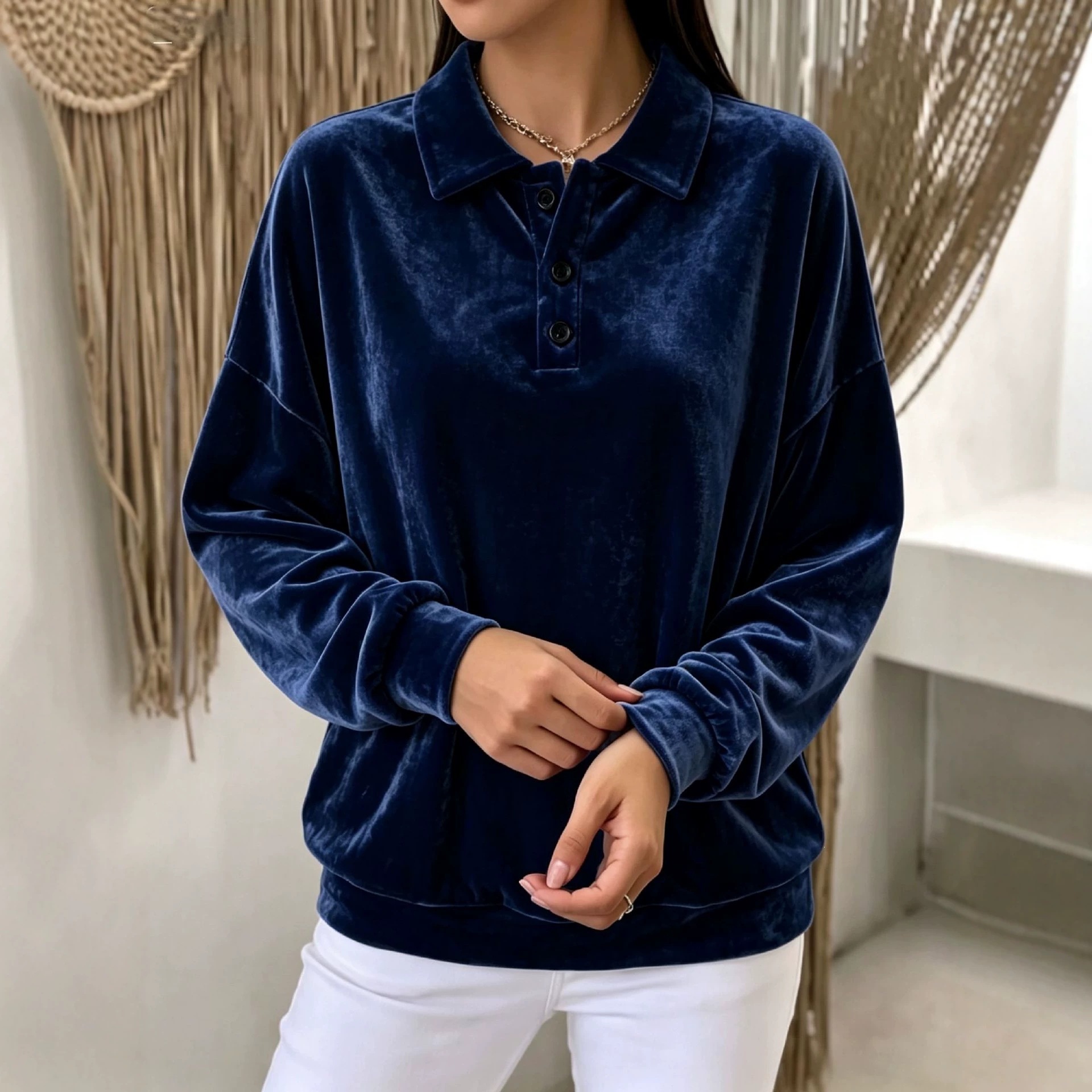 Velvet Sweatshirt with Collar Long Sleeve Solid Color Women's Casual Top
