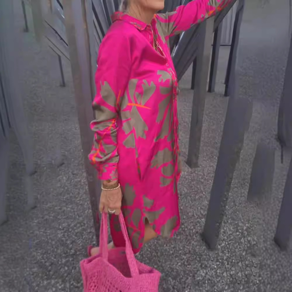 Printed V-Neck Long Sleeve Dress