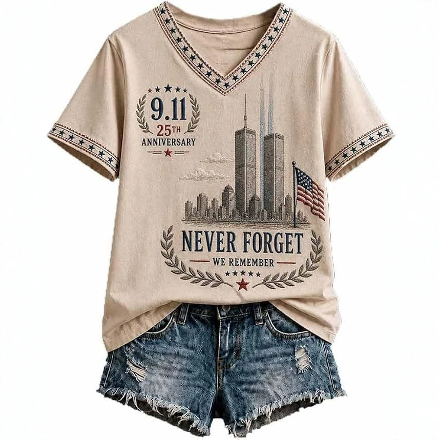 Women's 911 Twin Towers Explosion Print Short Sleeve V-Neck T-Shirt