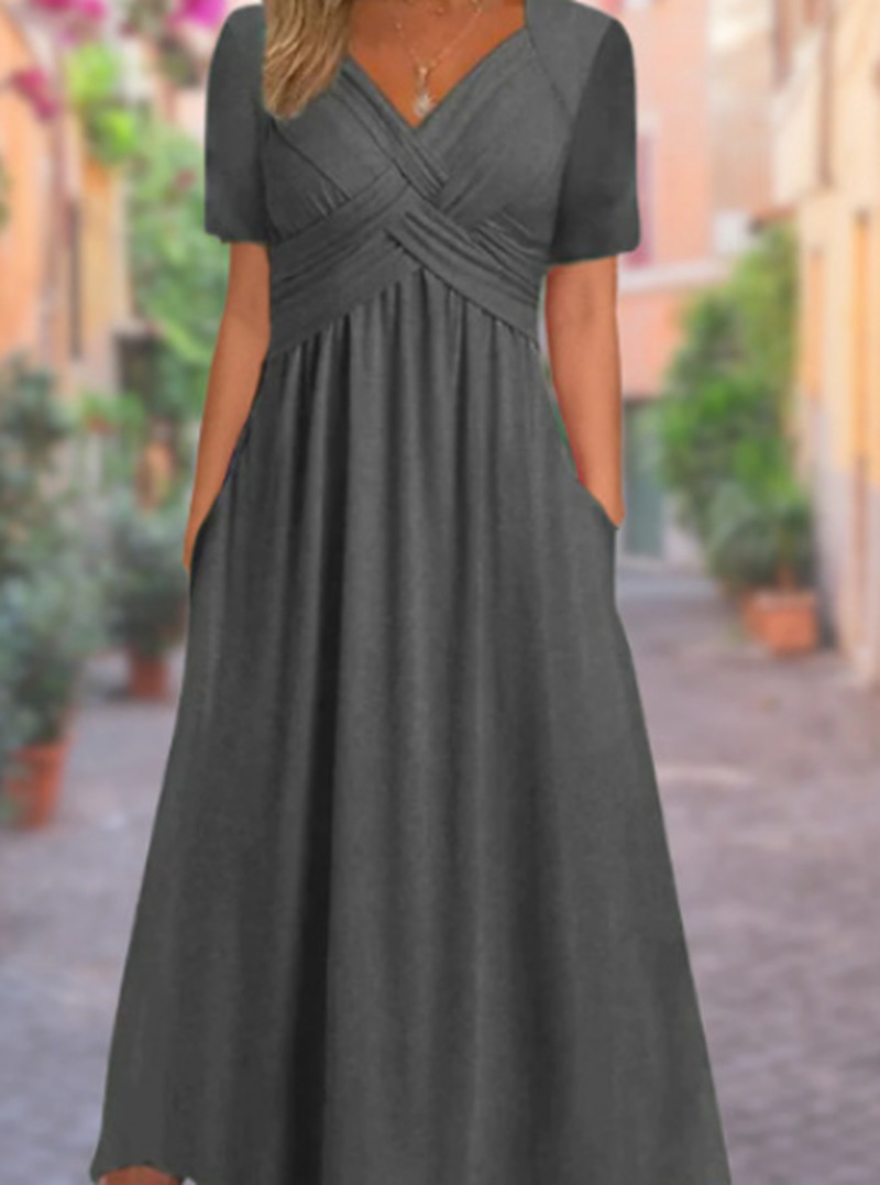 Solid V-Neck Short Sleeve Maxi Dress