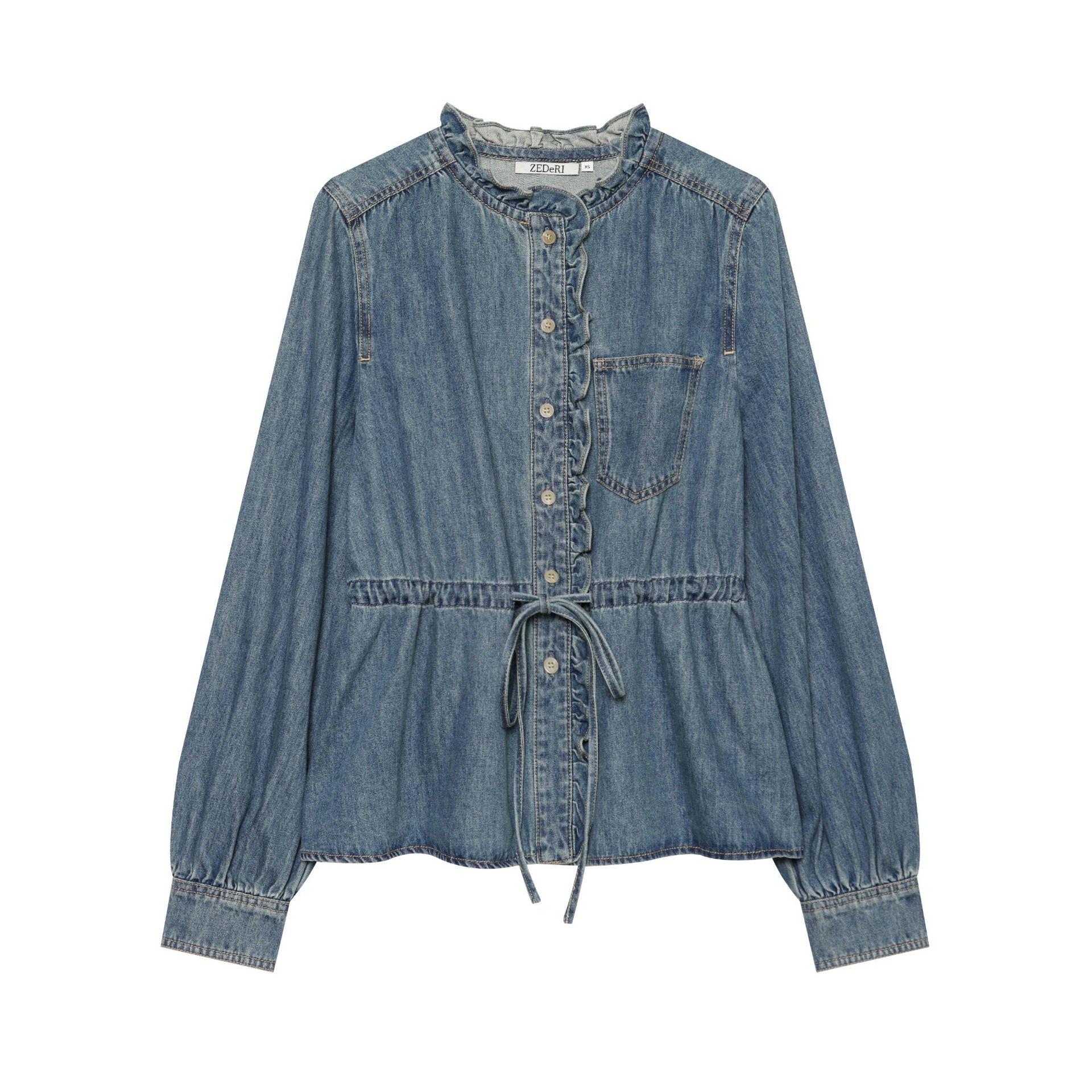 Ruffle Waist-Tie Denim Jacket Shirt