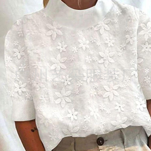 Women's Cotton Linen Embroidered Collared Short Sleeve Shirt
