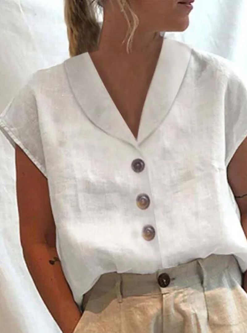 Women's Short Sleeve Solid Color Slim Fit Stand Collar Shirt