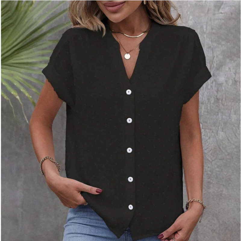 Women's Solid Color Jacquard V-Neck Button-Down Blouse