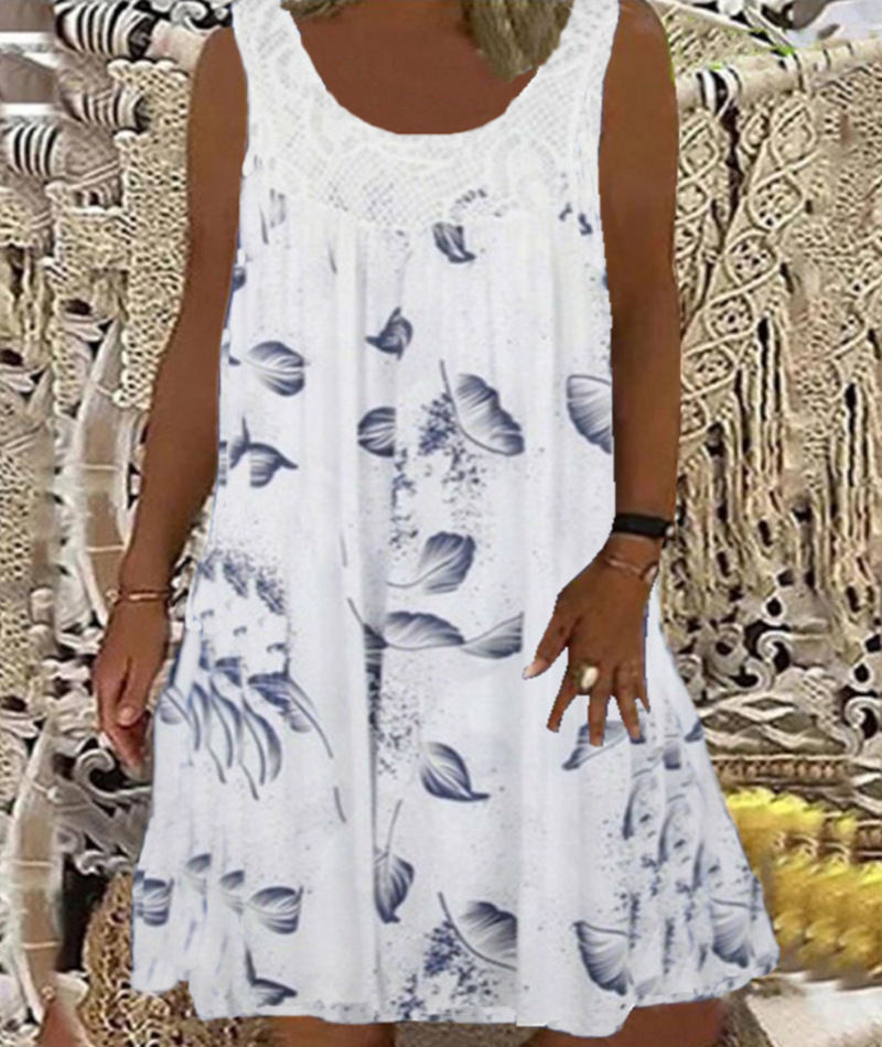 Women's Vintage Floral Butterfly Midi Dress Sleeveless Round Neck Slim Fit