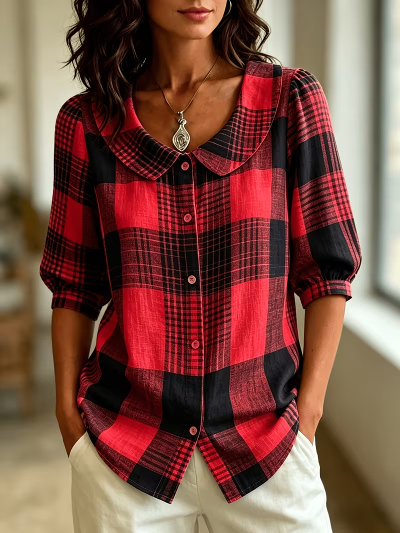 Women's Printed Half-Sleeve Button-Up Collared Blouse