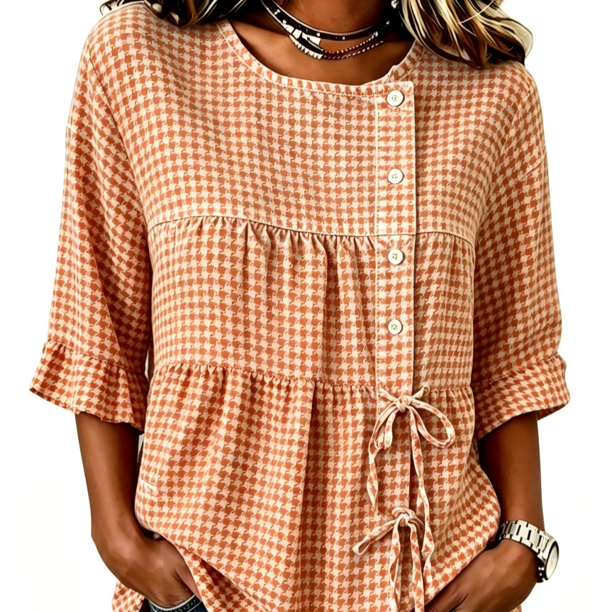 Women's Plaid Print Half-Sleeve Shirt with Diagonal Tie