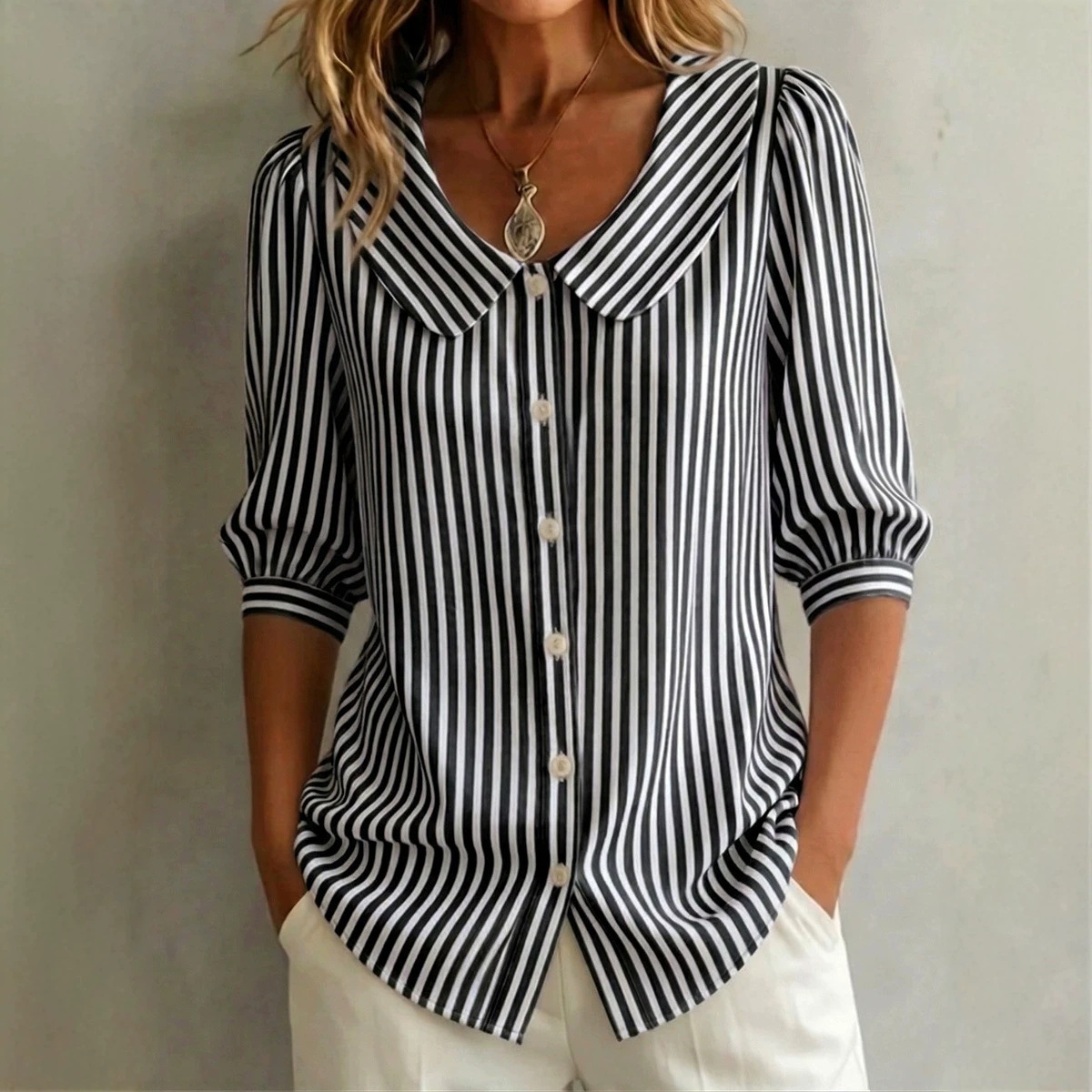 Women's Cotton Linen Striped Short Sleeve Shirt Loose Casual