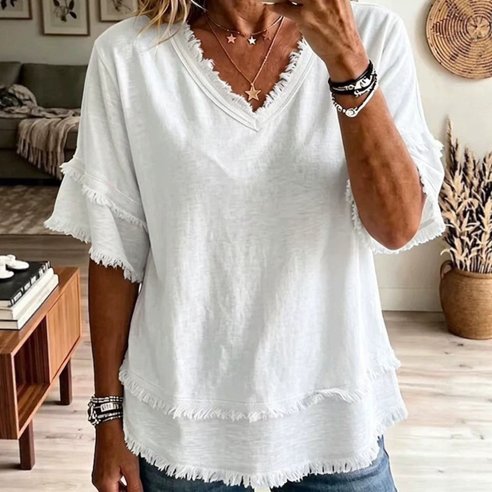 Women's Loose V-Neck Short Sleeve Frayed Trim Patchwork Top