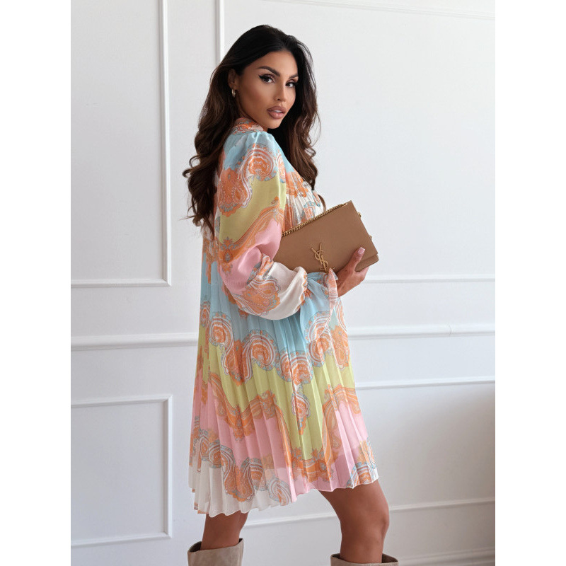 Fashion Printed Stand Collar Pleated Long Sleeve Dress for Women