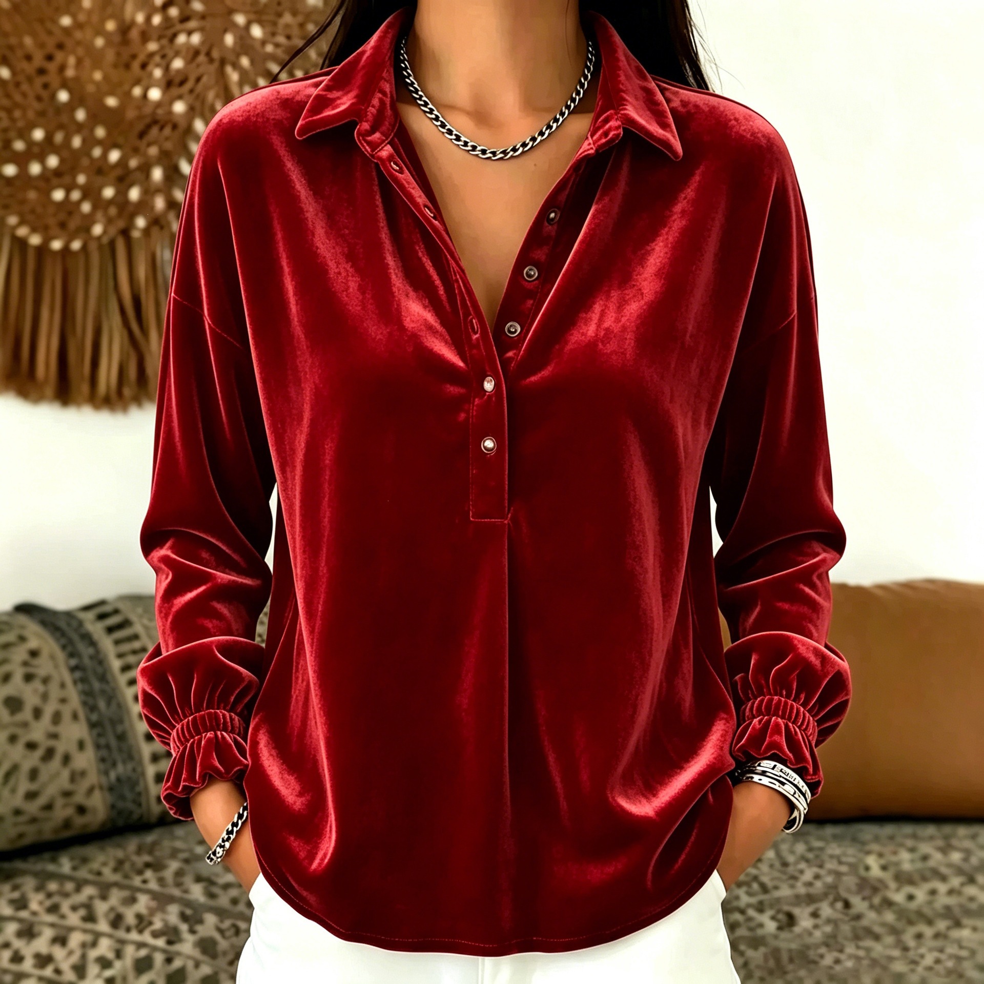 Women's Korean Velvet Long Sleeve V-Neck T-Shirt
