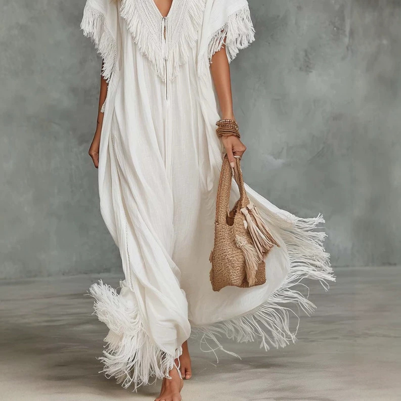 Flowy Bohemian V-Neck White Tassel Maxi Dress