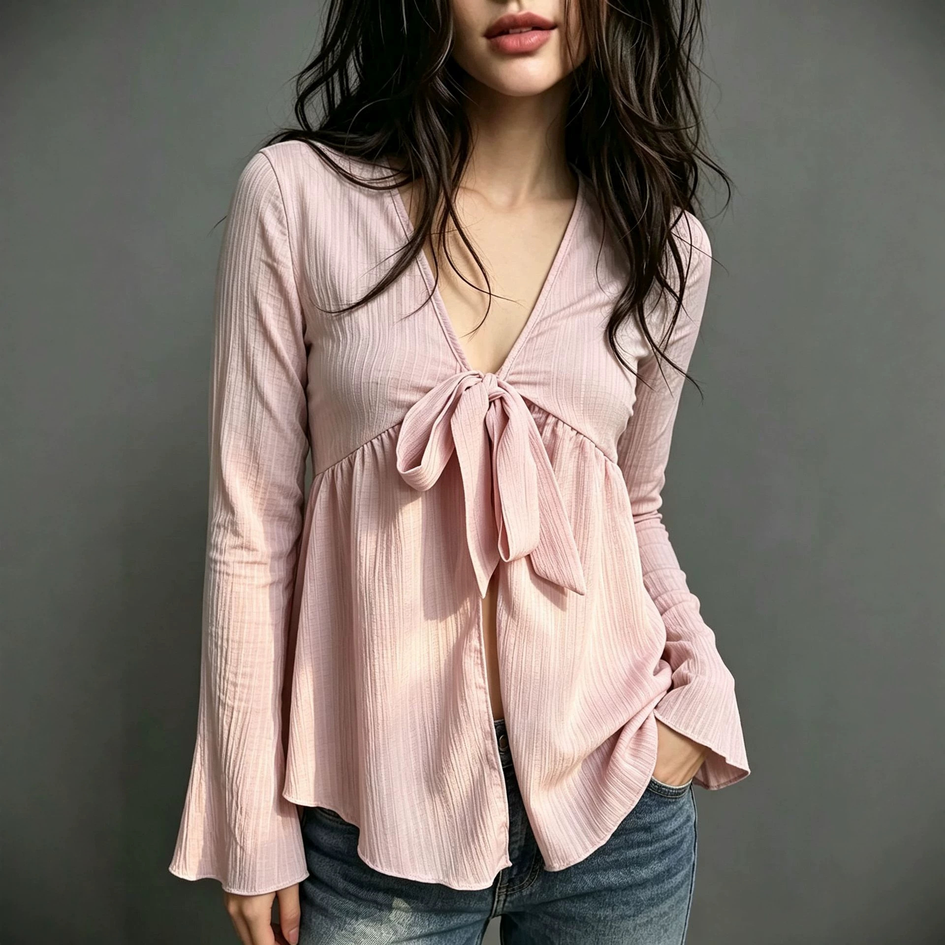 V-Neck Bow Tie Textured Flare Sleeve Top