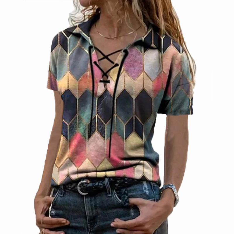 Women's Casual Loose Printed Short Sleeve Tie V-Neck T-Shirt
