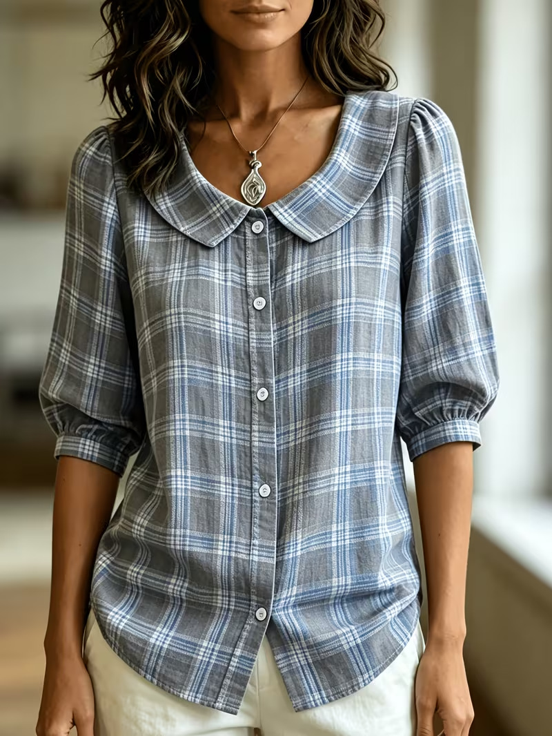 Women's Printed Half-Sleeve Button-Up Collared Blouse
