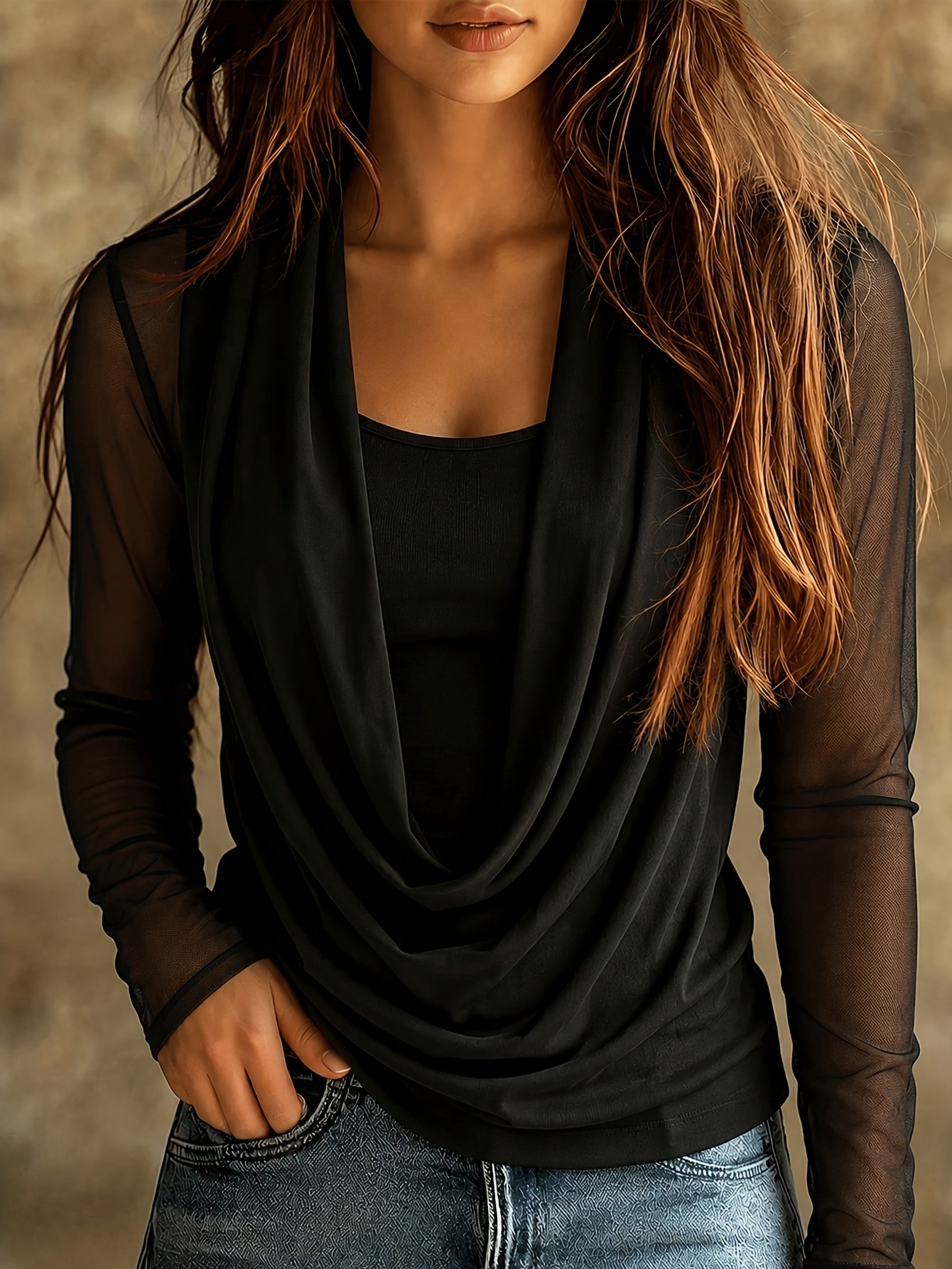 Women's Two-Piece Set: Sheer Mesh Spliced Long-Sleeve Top with Solid Cami