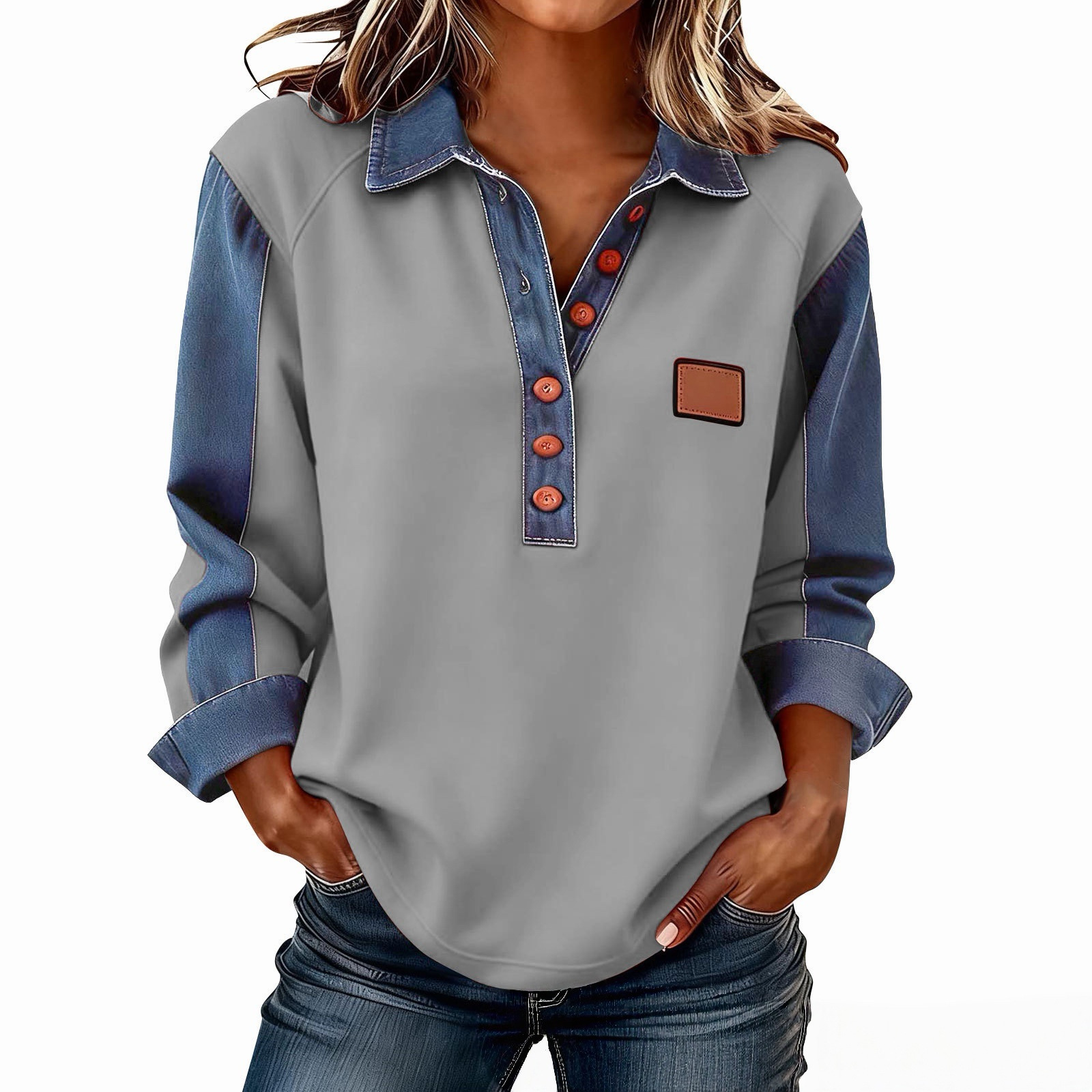 Women's Solid Color Button-Front Long-Sleeve Shirt