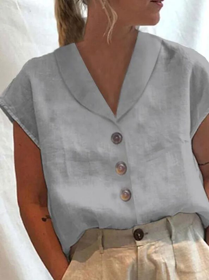 Women's Short Sleeve Solid Color Slim Fit Stand Collar Shirt
