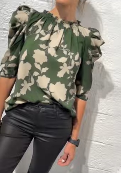 Women's Floral Print Ruffle Blouse with Round Neck and Puff Sleeves