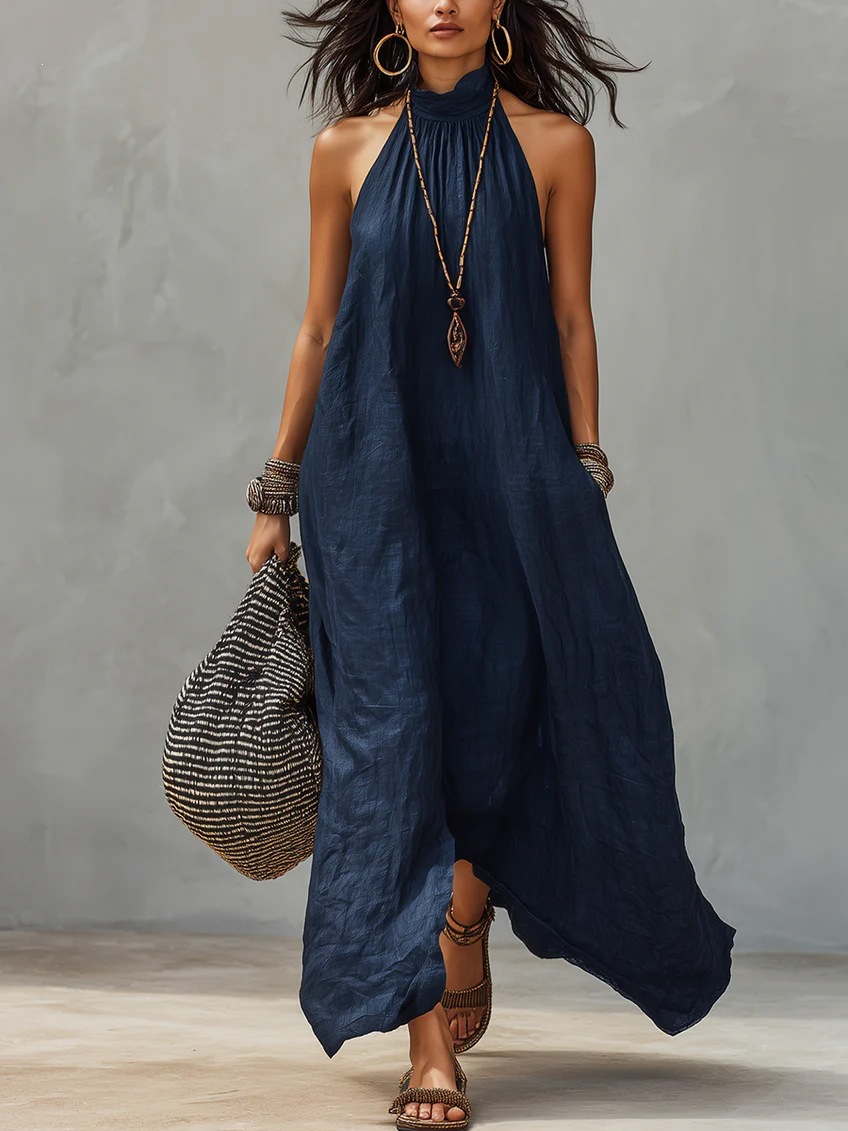 Women's Halter Neck Backless Pleated Boho Maxi Dress