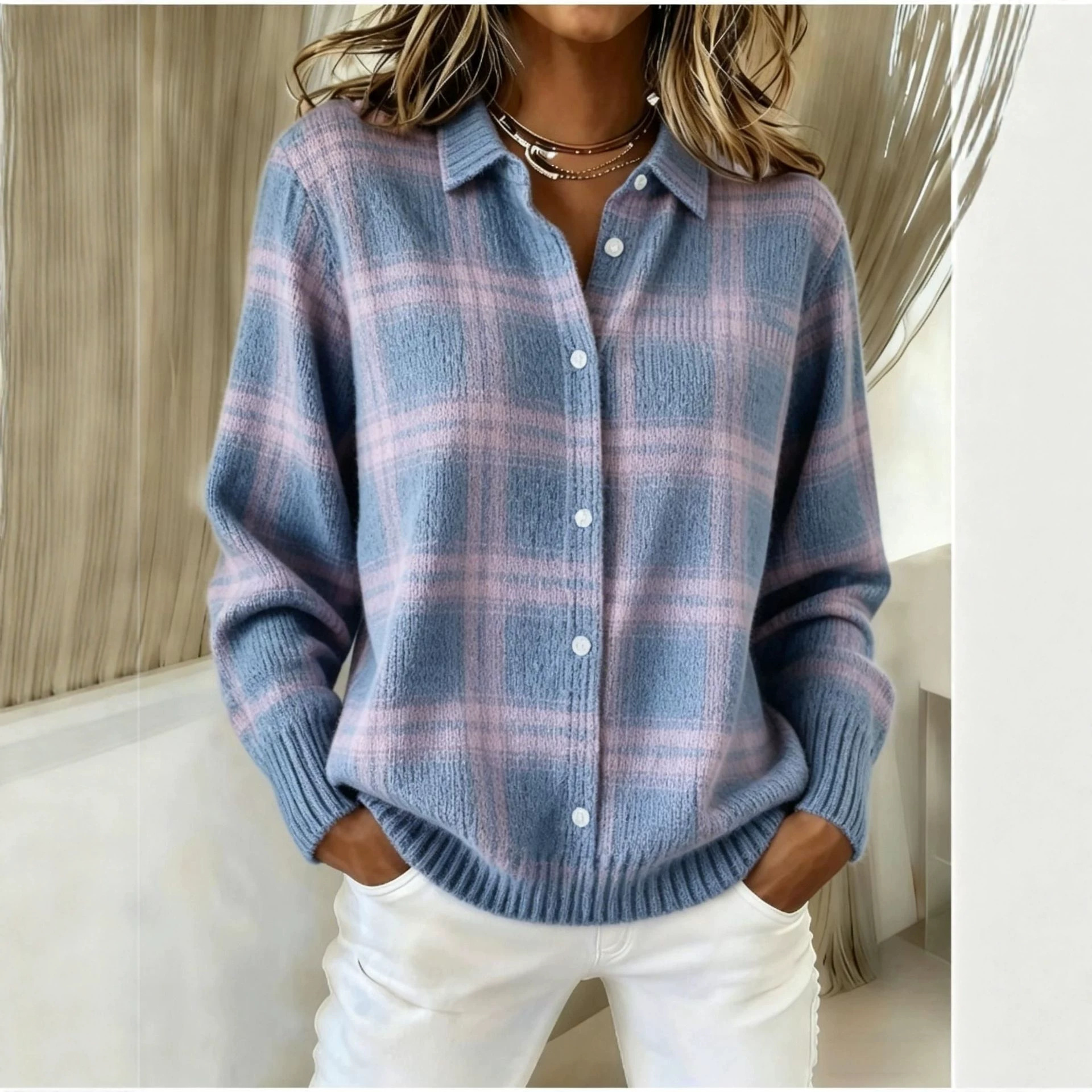 Women's Unique Line Plaid Print Long Sleeve Shirt