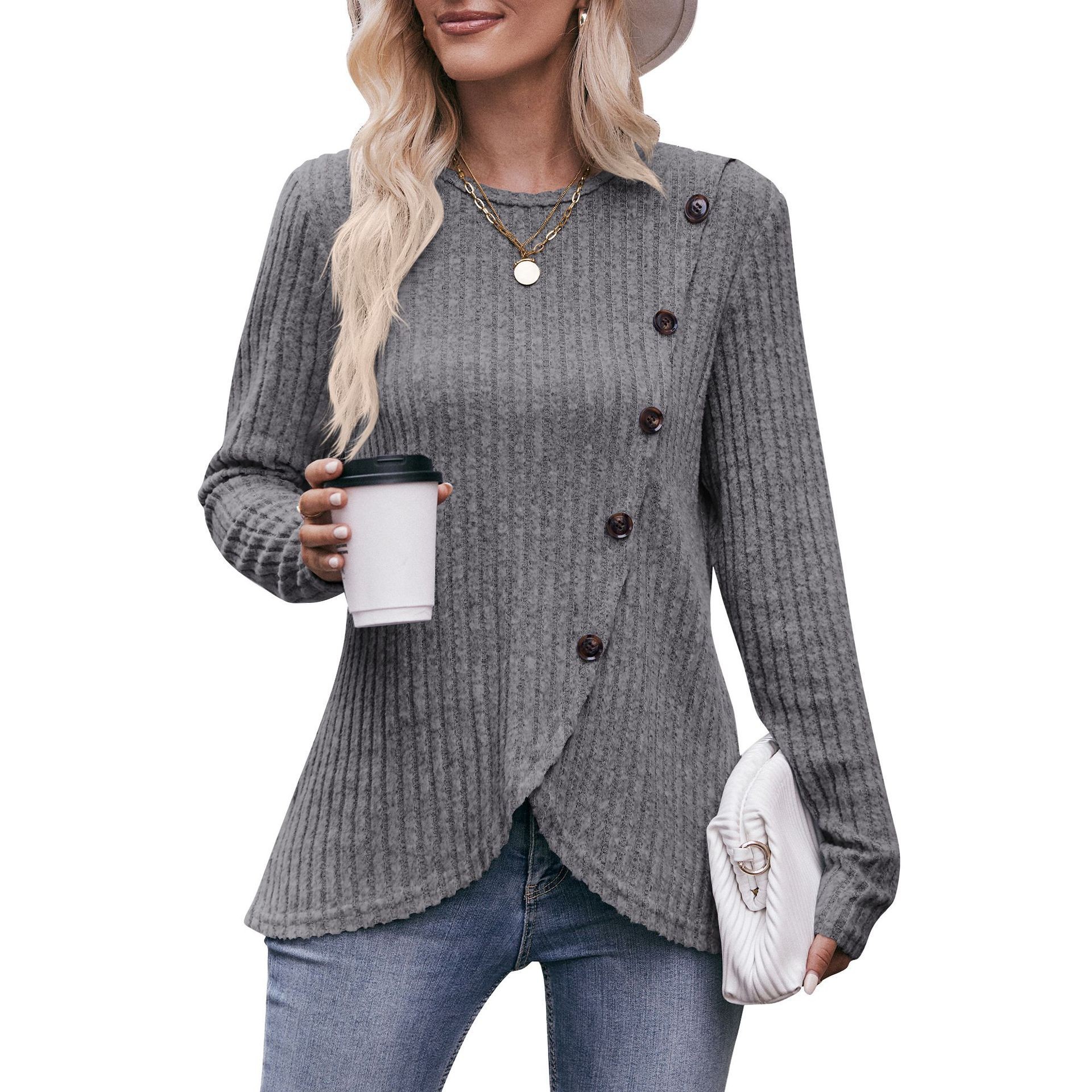 Women's Ribbed Knit Tulip Hem Button T-Shirt