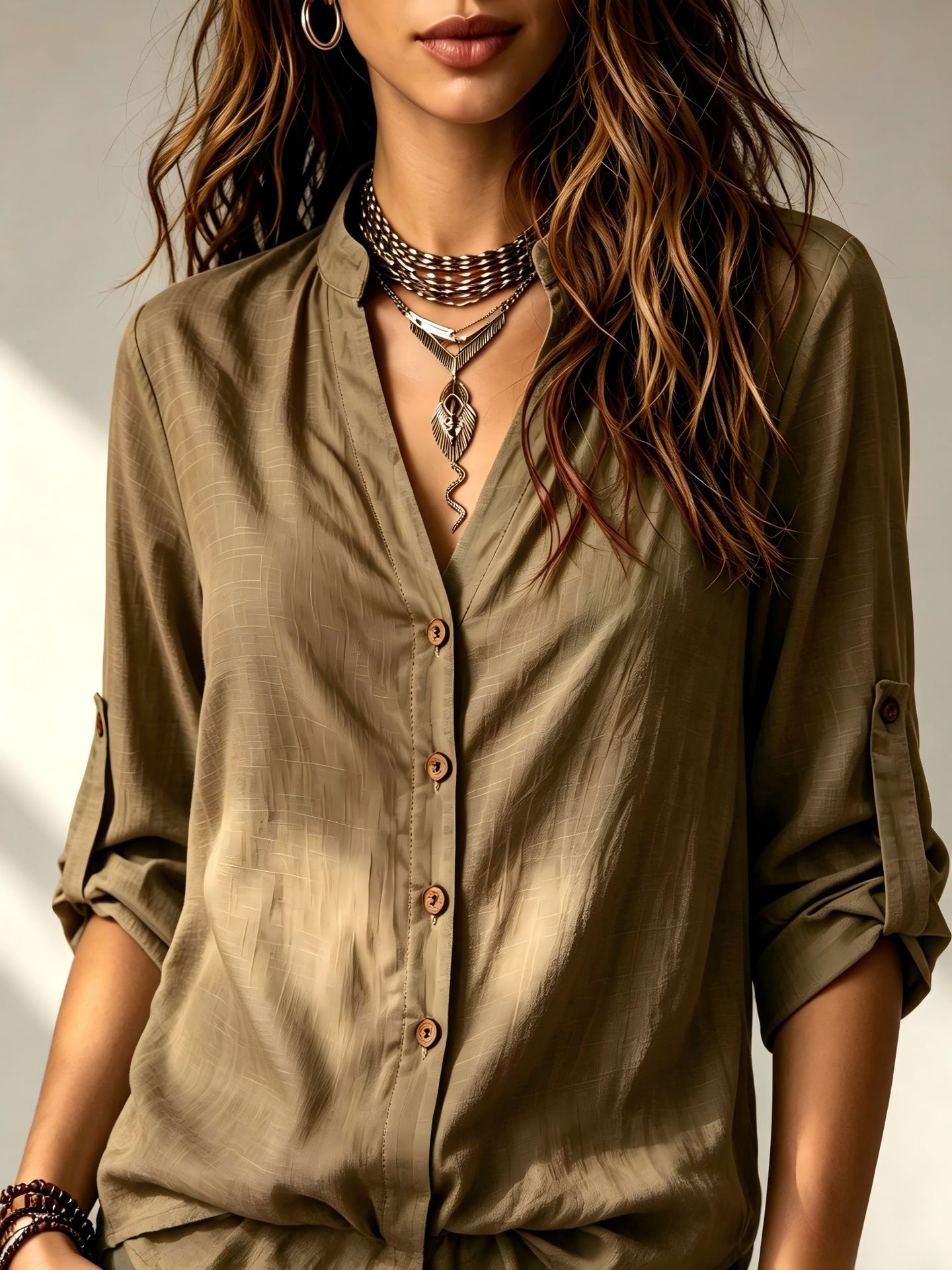 Women's Cotton Linen Button-Down Shirt Casual Long Sleeve Solid Color