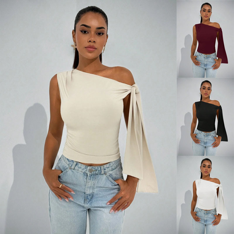 Women's Sleeveless Asymmetric Tie-Front Top - Slim Fit Solid Color