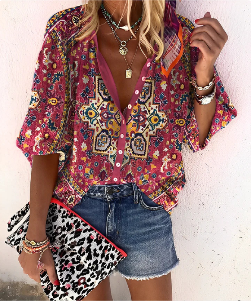 Women's Retro Print Button-Up Shirt with Stand Collar Loose Fit