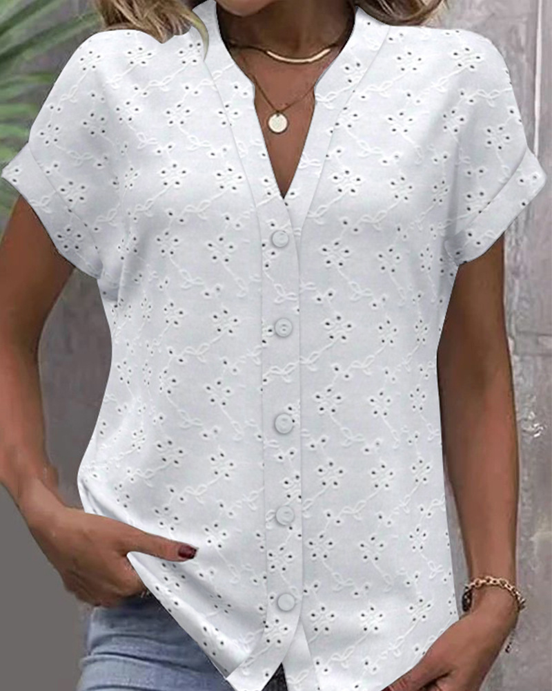 Women's Solid Color Stand Collar Lace Cutout Button Shirt