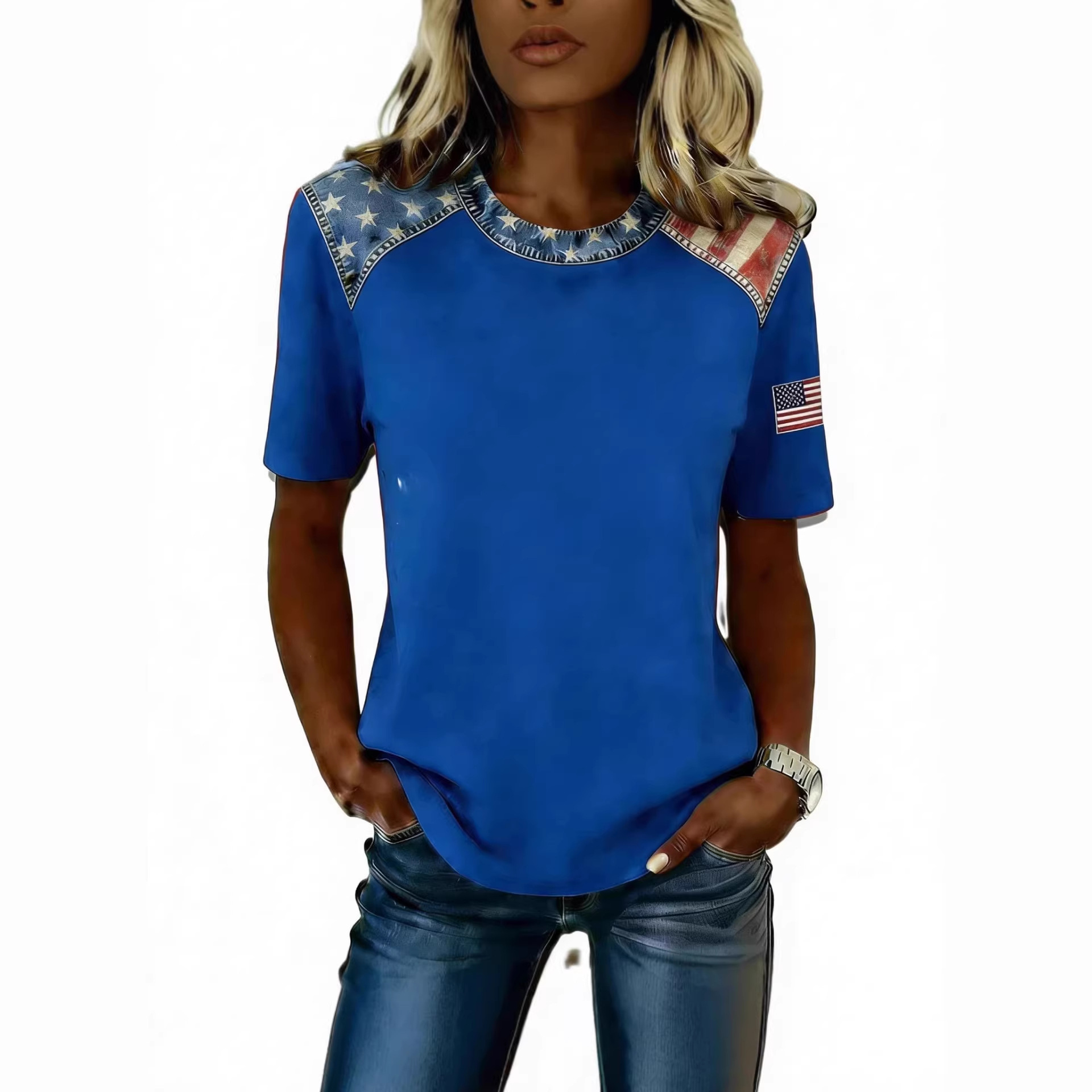 3D Print Denim Patchwork Crewneck Short Sleeve Loose Casual T-Shirt