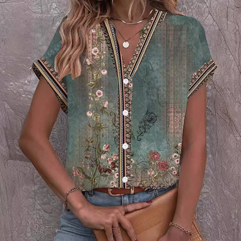 Women's Vintage 3D Print Short Sleeve V-Neck Blouse