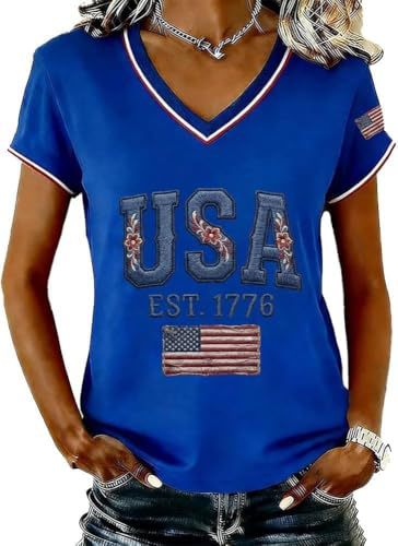 USA Flag Print V-Neck Short Sleeve Women's T-Shirt