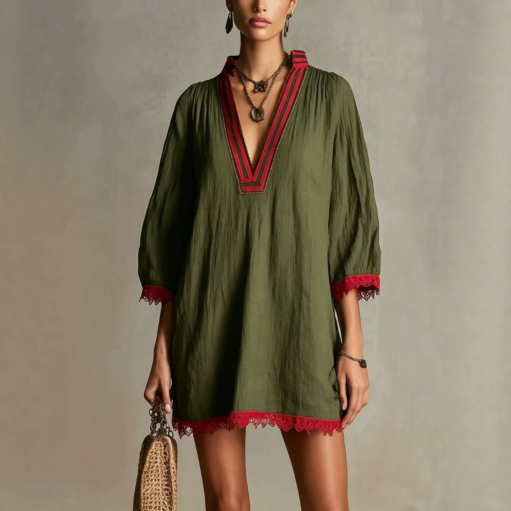 Striped V-Neck Lace Loose Straight Casual Dress
