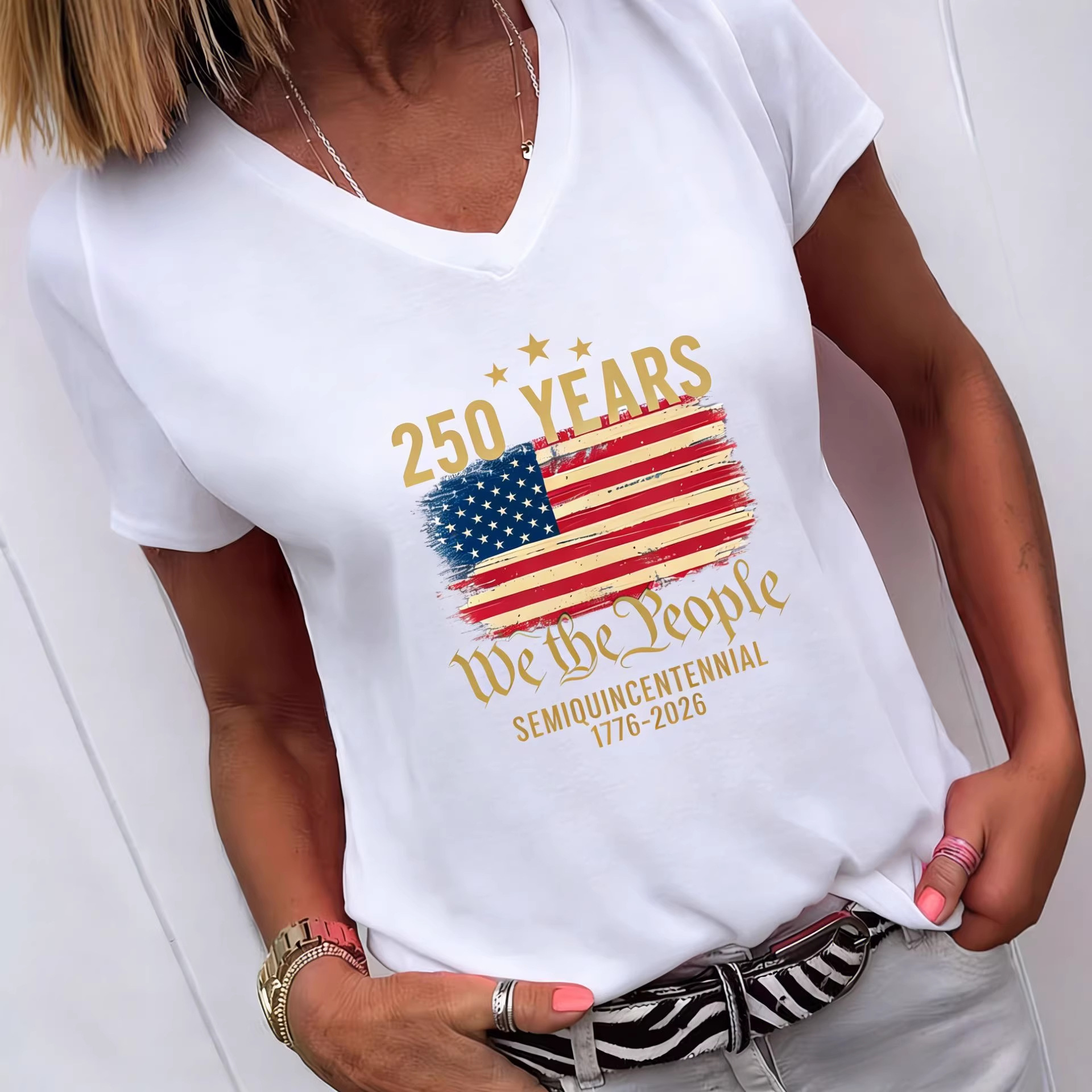 V-Neck 250th Anniversary American Flag Print T-Shirt