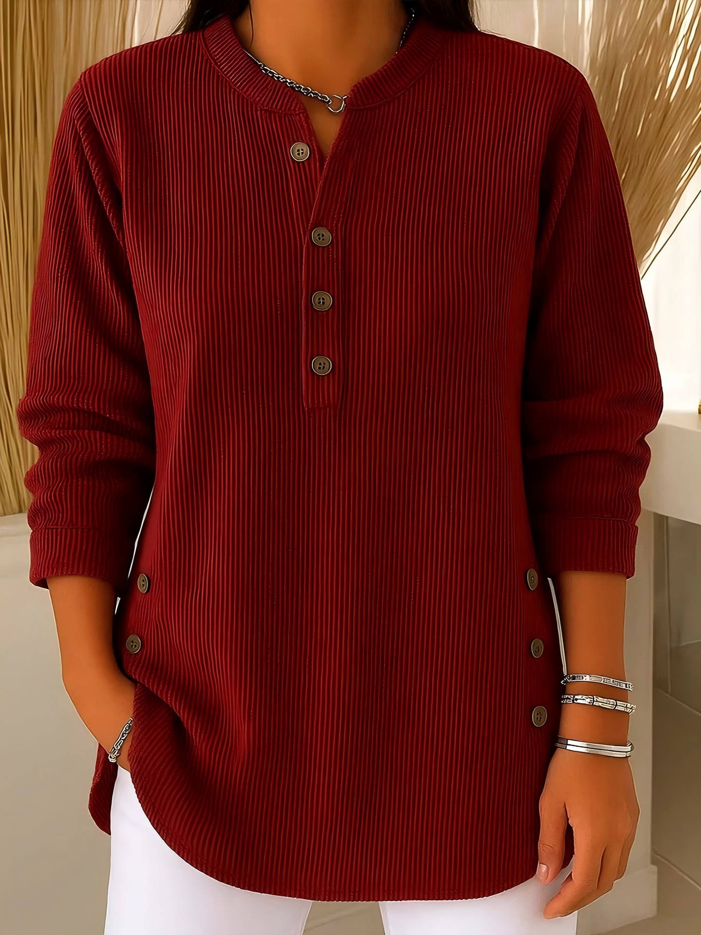 Corduroy V-Neck Button Long-Sleeve Loose Fit Women's Top
